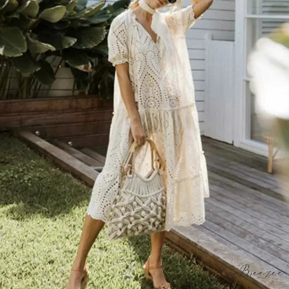 White Cotton Long Lace Dress WHITE / One Size bohodress-250126