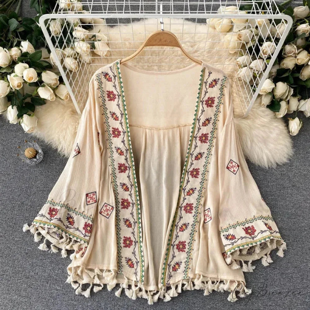 White Cotton Rayon Floral Embroidery Beach Cover up Apricot / One Size bohocoverup-250126