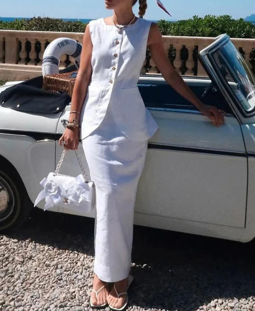 White Cotton Sleeveless Long Skirt Office Set officetwopieceset-250223