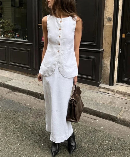 White Cotton Sleeveless Long Skirt Office Set WHITE / S officetwopieceset-250223