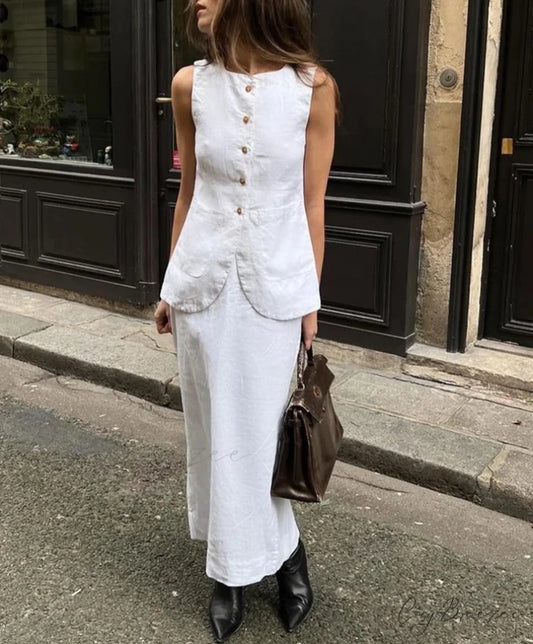 White Cotton Sleeveless Long Skirt Office Set WHITE / S officetwopieceset-250223
