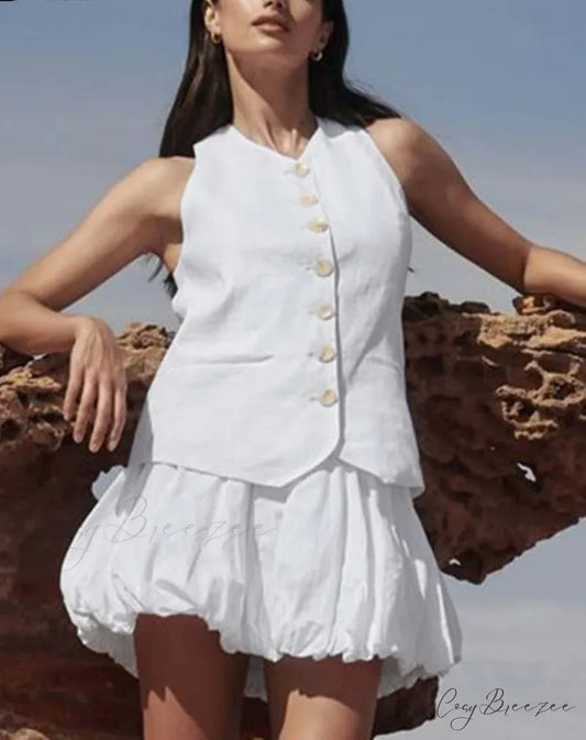 White Cotton Sleeveless Pleated Office Set WHITE / S officetwopieceset-250223