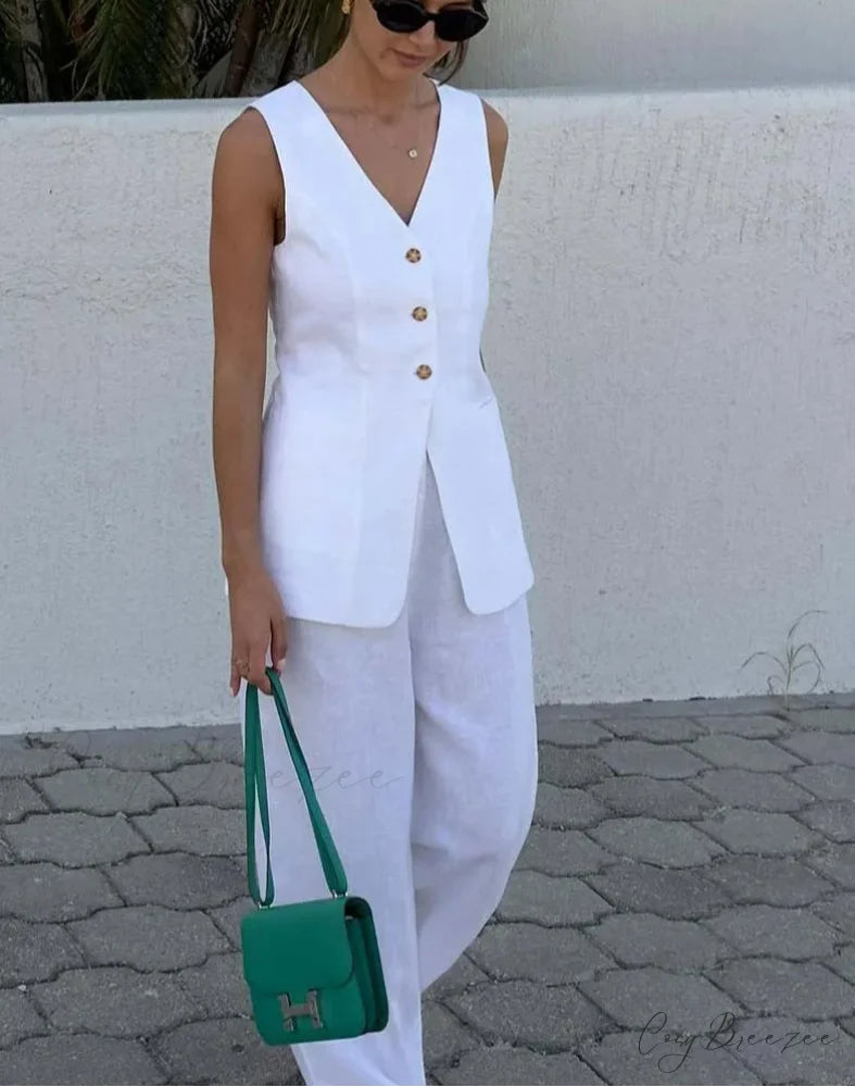White Cotton Sleeveless Straight Trousers Office Set officetwopieceset-250223