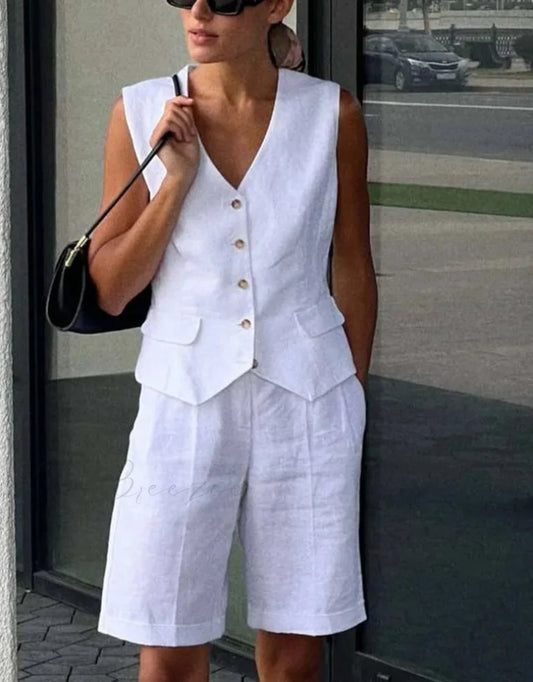 White Cotton V-Neck Knee Shorts Office Set WHITE / S officetwopieceset-250223
