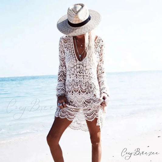 White Crochet Lace Bikini Boho Beach Cover up bohocoverup-250126