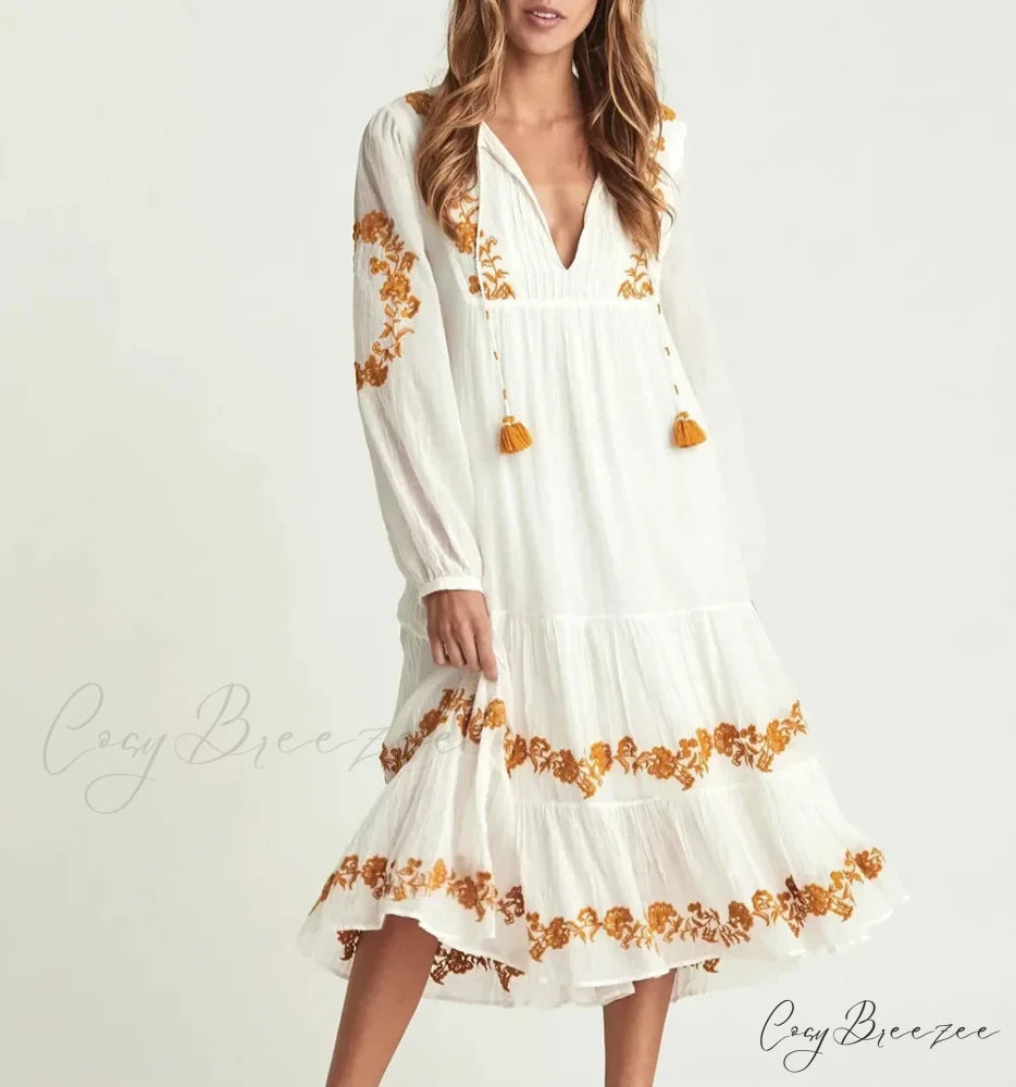 White Deep V Neck Long Sleeve Dress bohodress-250126