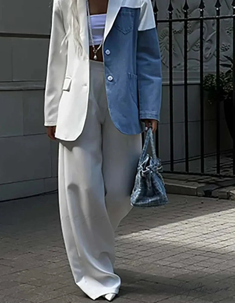 White Denim Patchwork Trousers Office Set officetwopieceset-250223