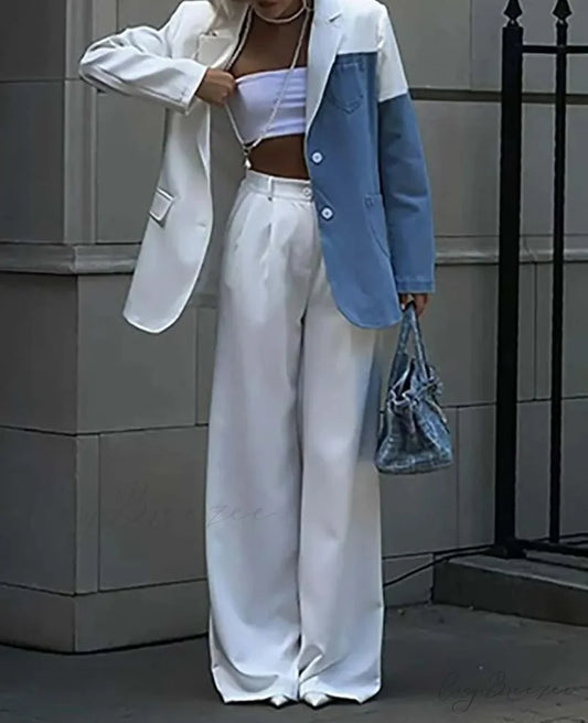 White Denim Patchwork Trousers Office Set WHITE / S officetwopieceset-250223