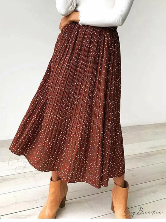 White Dots Floral Print Pleated Midi Skirt with Pockets skirt-250126