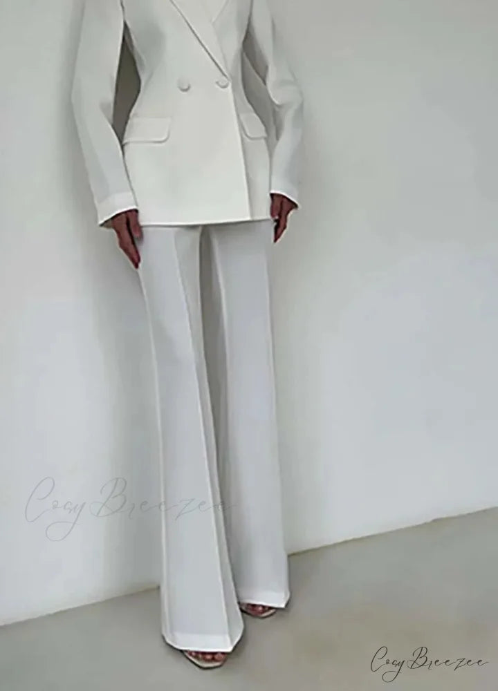 White Double Breasted Straight Trousers Office Set officetwopieceset-250223