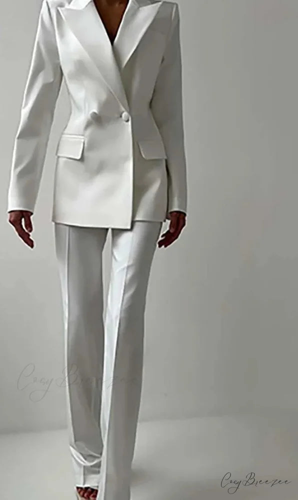 White Double Breasted Straight Trousers Office Set WHITE / S officetwopieceset-250223