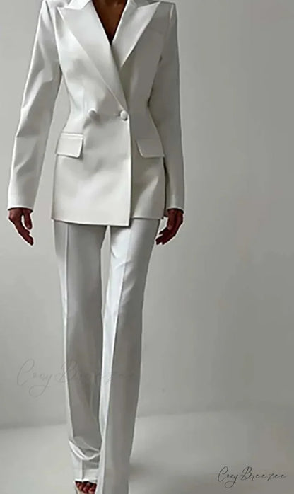 White Double Breasted Straight Trousers Office Set WHITE / S officetwopieceset-250223