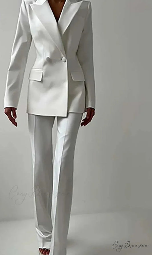 White Double Breasted Straight Trousers Office Set WHITE / S officetwopieceset-250223