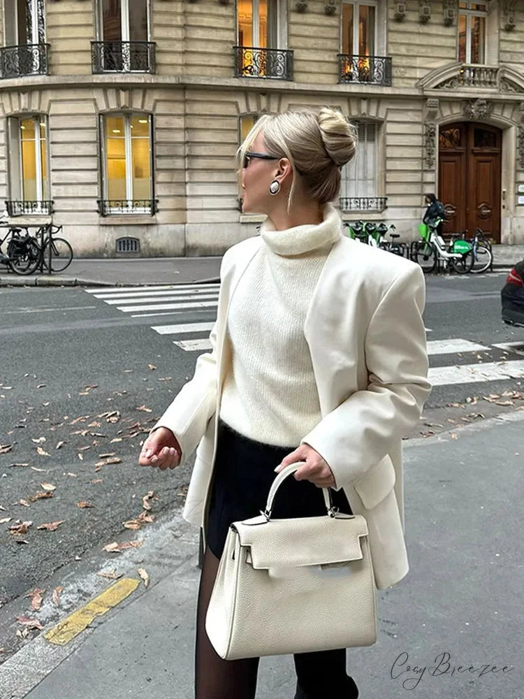 White Double Pockets V-neck Coat coats-241228