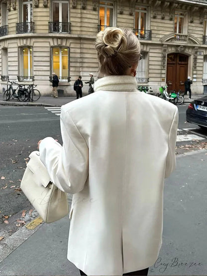 White Double Pockets V-neck Coat coats-241228