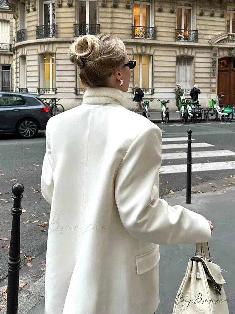 White Double Pockets V-neck Coat coats-241228