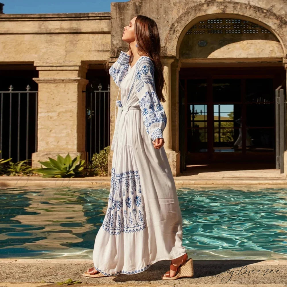 White Embroidered Cotton Maxi Dress bohodress-250126