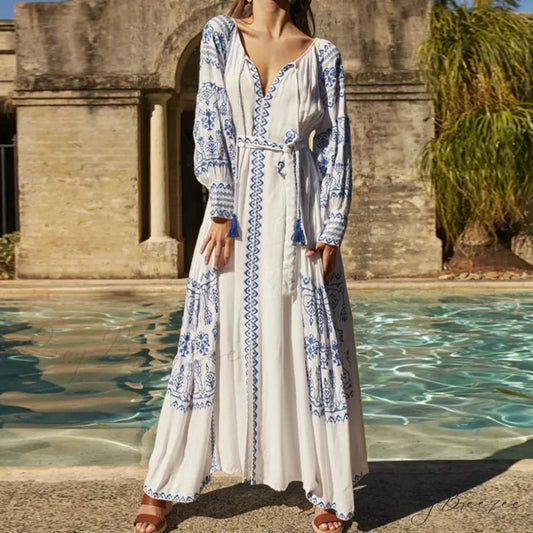 White Embroidered Cotton Maxi Dress bohodress-250126
