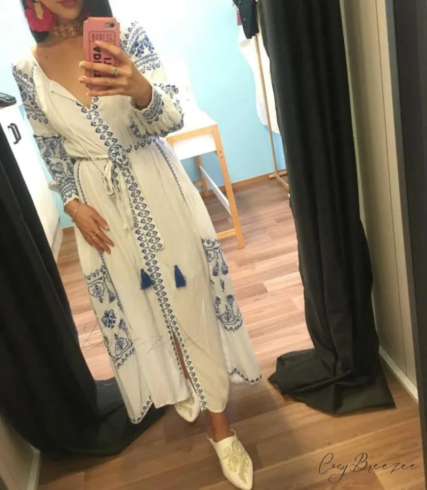 White Embroidered Cotton Maxi Dress bohodress-250126