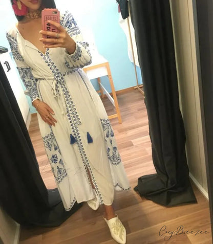 White Embroidered Cotton Maxi Dress bohodress-250126