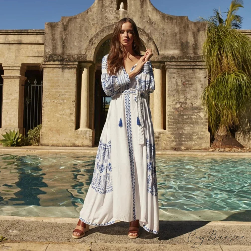 White Embroidered Cotton Maxi Dress bohodress-250126
