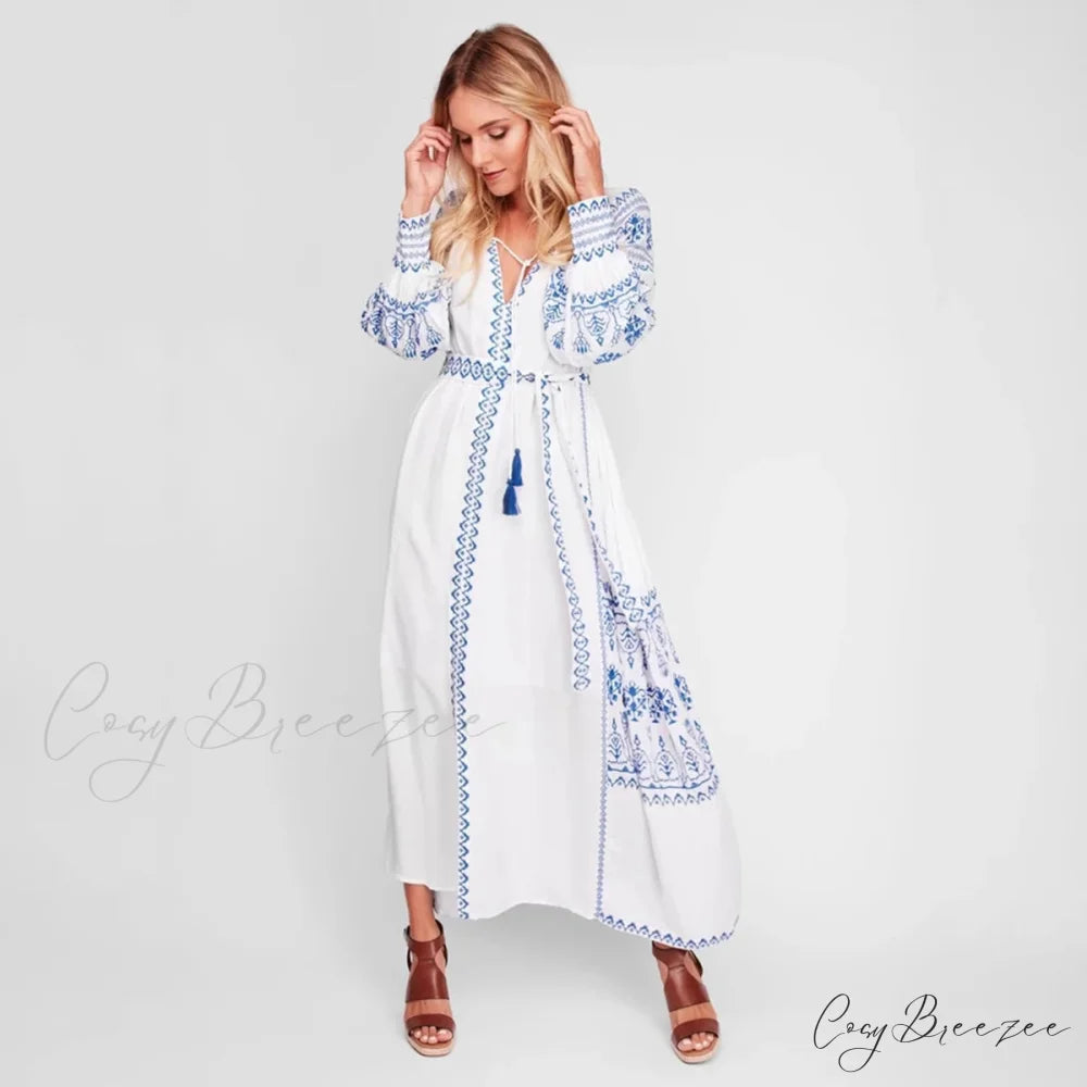 White Embroidered Cotton Maxi Dress bohodress-250126