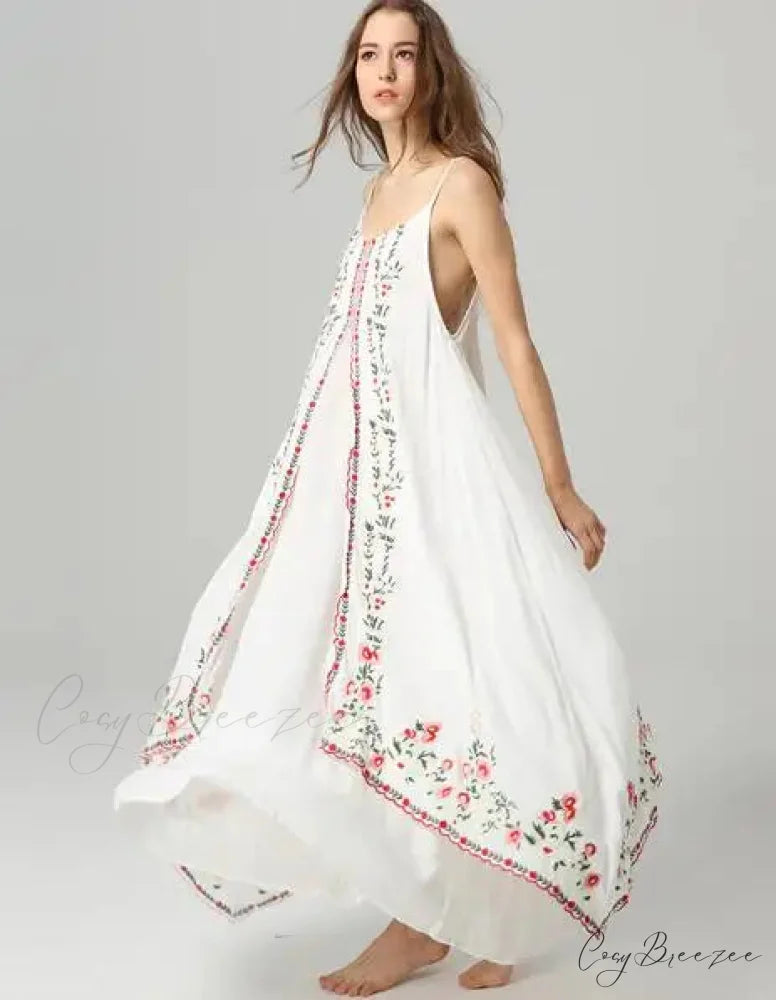 White Floral Embroidered Maxi Dress Beige / S bohodress-250126