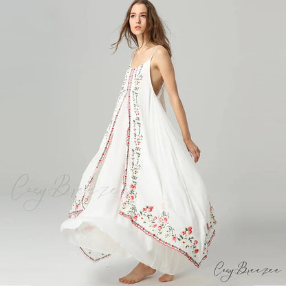 White Floral Embroidered Maxi Dress bohodress-250126