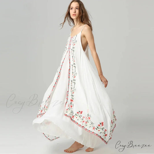 White Floral Embroidered Maxi Dress bohodress-250126