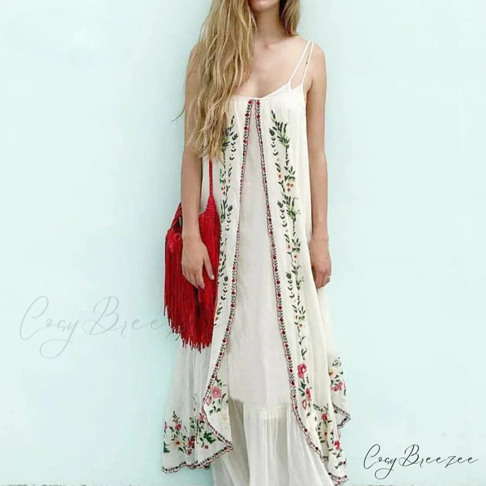 White Floral Embroidered Maxi Dress bohodress-250126