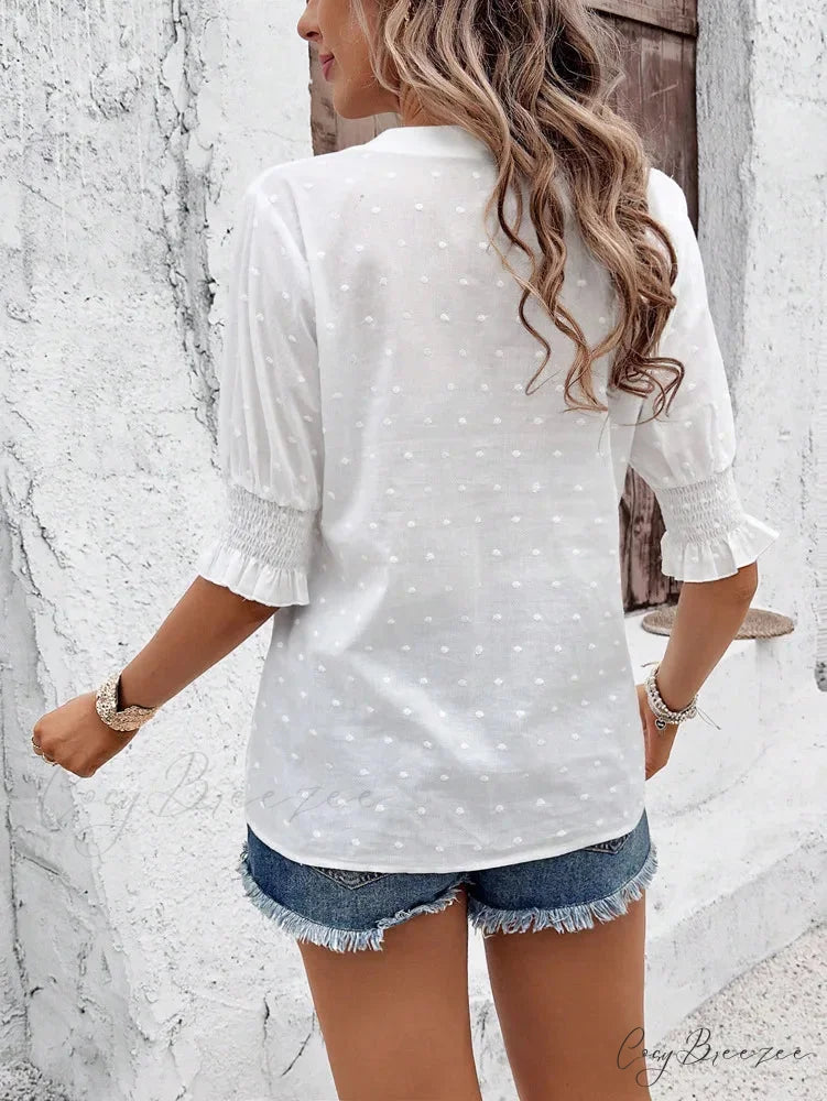 White Floral Embroidery Hollow Out Cotton Boho Blouse bohoblouse-250126