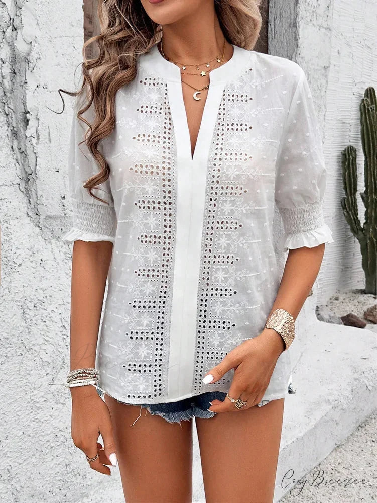 White Floral Embroidery Hollow Out Cotton Boho Blouse bohoblouse-250126