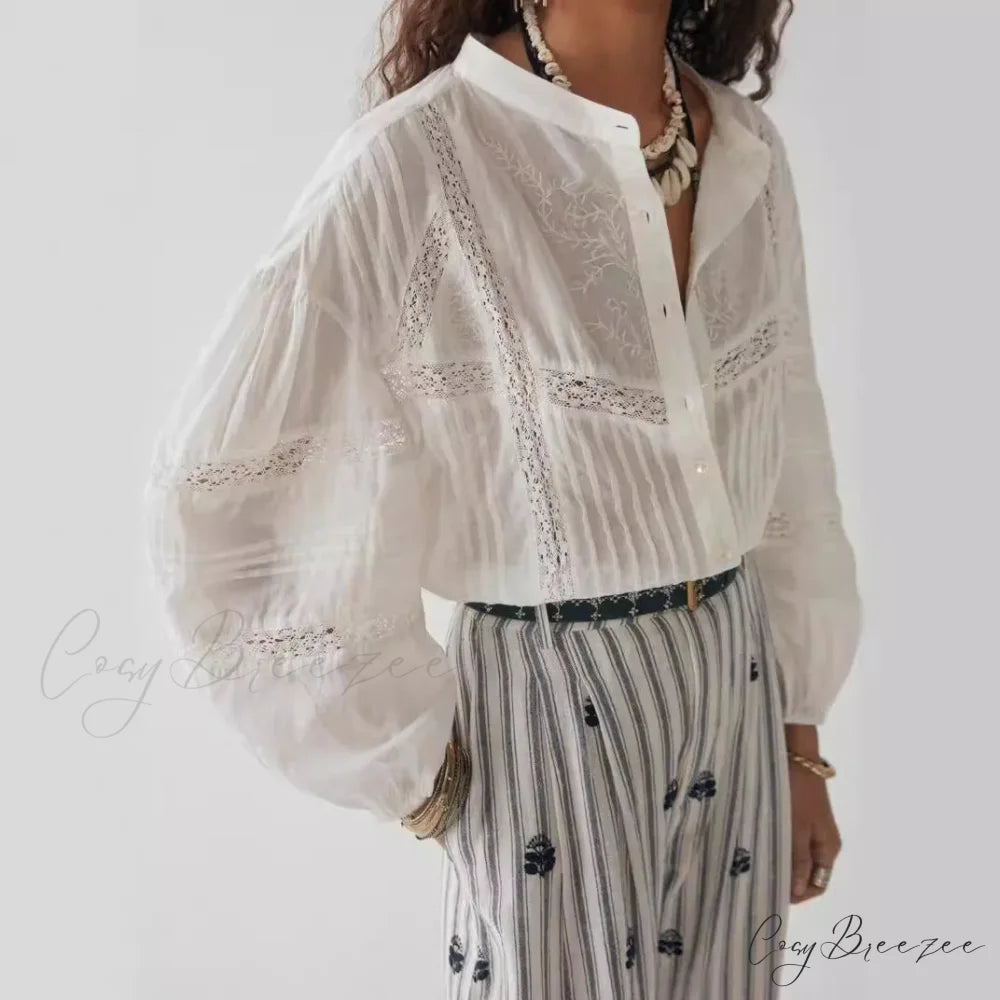 White Floral Embroidery Lace Long Sleeve Boho Blouse bohoblouse-250126