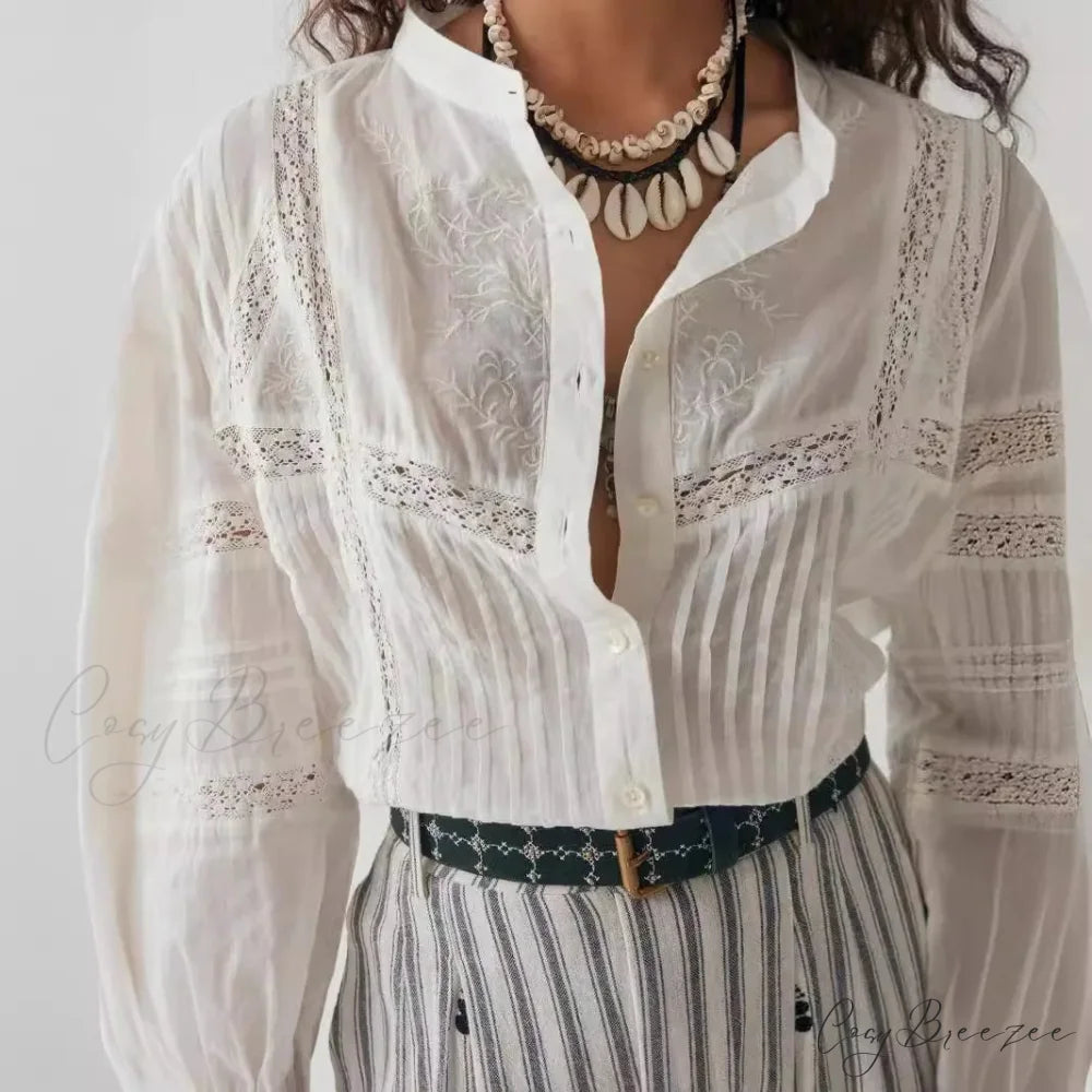 White Floral Embroidery Lace Long Sleeve Boho Blouse bohoblouse-250126