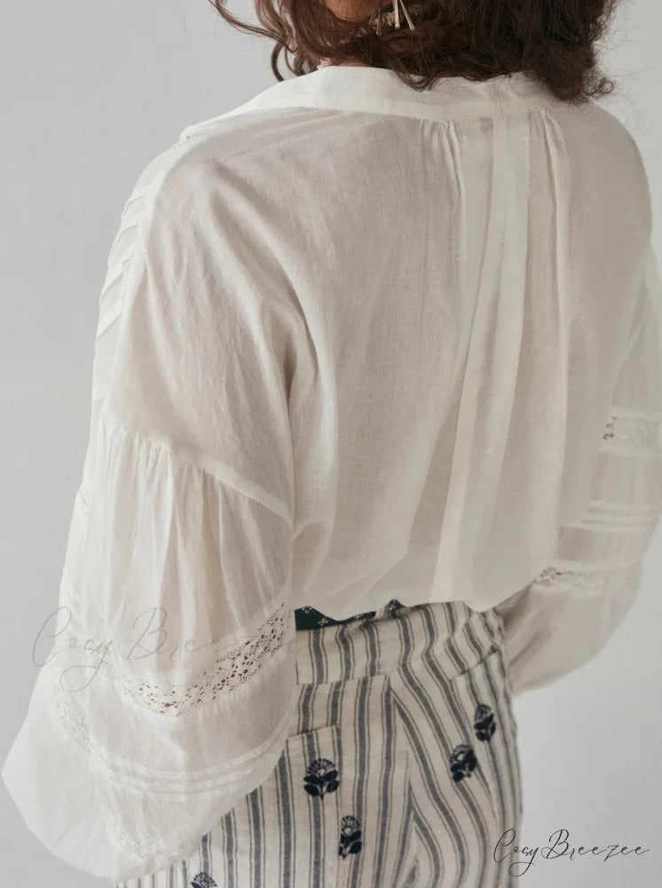 White Floral Embroidery Lace Long Sleeve Boho Blouse bohoblouse-250126