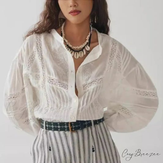 White Floral Embroidery Lace Long Sleeve Boho Blouse White / S bohoblouse-250126