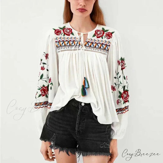 White Floral Embroidery Puff Sleeve Loose Boho Blouse Beige / One Size bohoblouse-250126