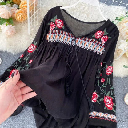 White Floral Embroidery Puff Sleeve Loose Boho Blouse Black / One Size bohoblouse-250126