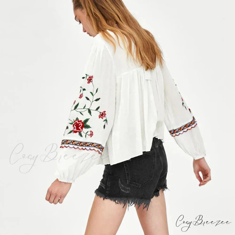 White Floral Embroidery Puff Sleeve Loose Boho Blouse bohoblouse-250126