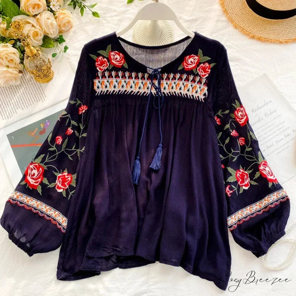 White Floral Embroidery Puff Sleeve Loose Boho Blouse Royal blue / One Size bohoblouse-250126