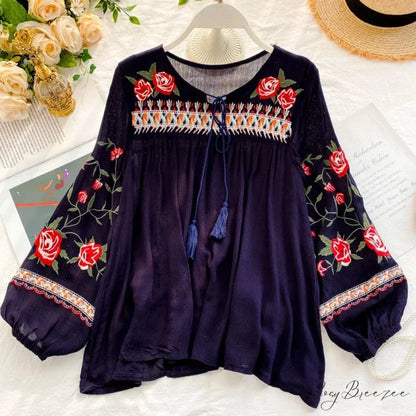 White Floral Embroidery Puff Sleeve Loose Boho Blouse Royal blue / One Size bohoblouse-250126