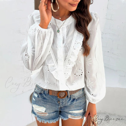 White Floral Embroidery Vintage Long Sleeve Boho Blouse bohoblouse-250126