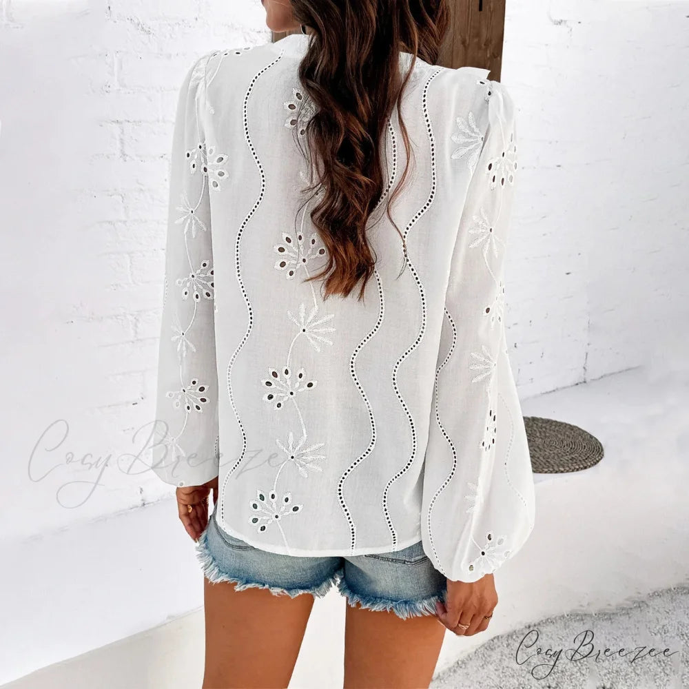 White Floral Embroidery Vintage Long Sleeve Boho Blouse bohoblouse-250126