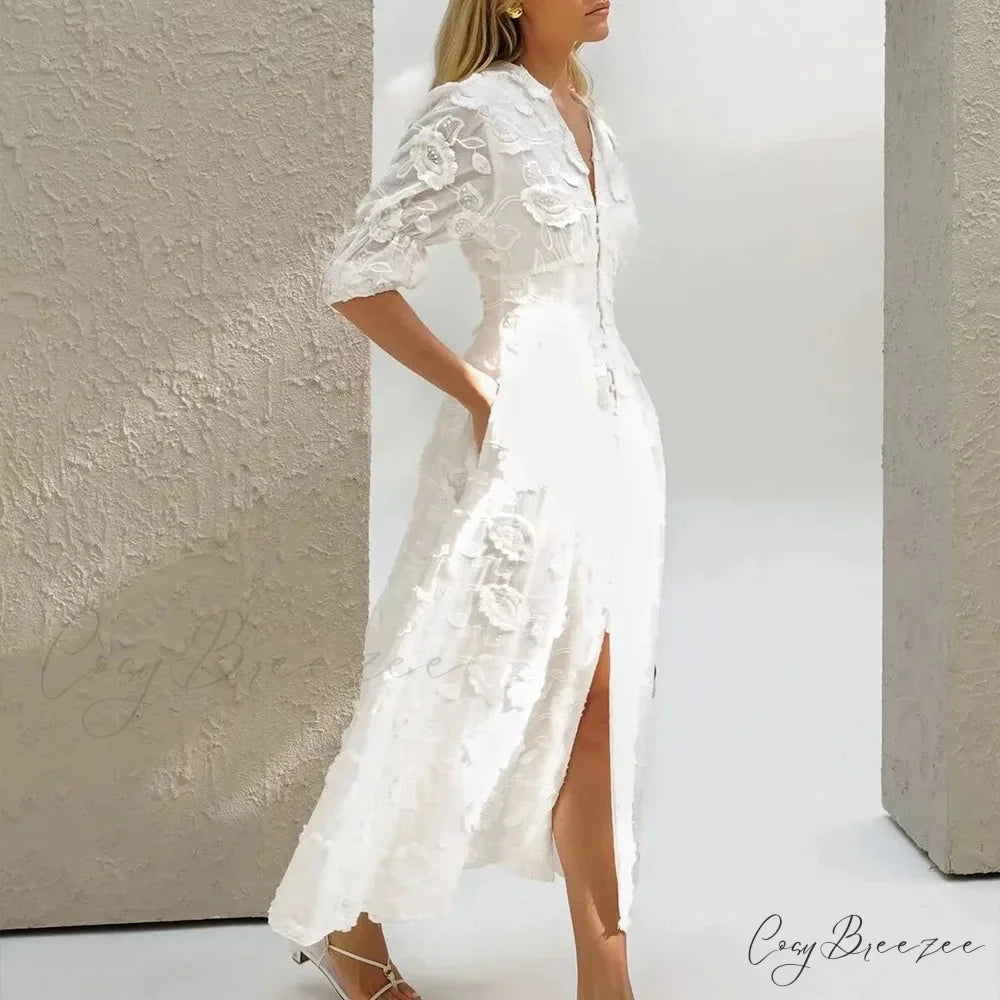 White Floral Lace Boho Dress bohodress-250126