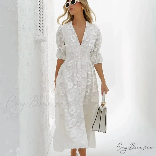 White Floral Lace Boho Dress White / S bohodress-250126