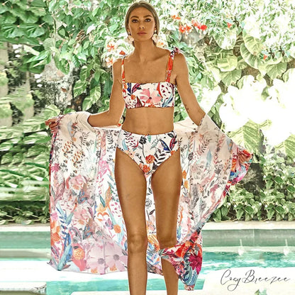 White Floral Print Loose Kimono Beach Cover up florl print / One Size bohocoverup-250126