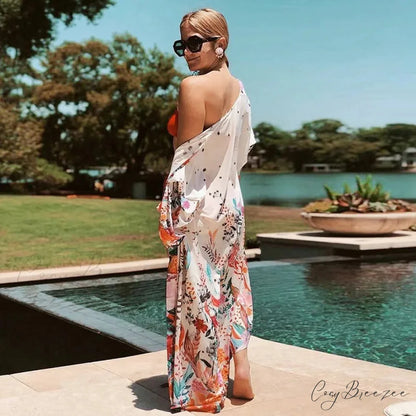 White Floral Print Loose Kimono Beach Cover up florl print / One Size bohocoverup-250126