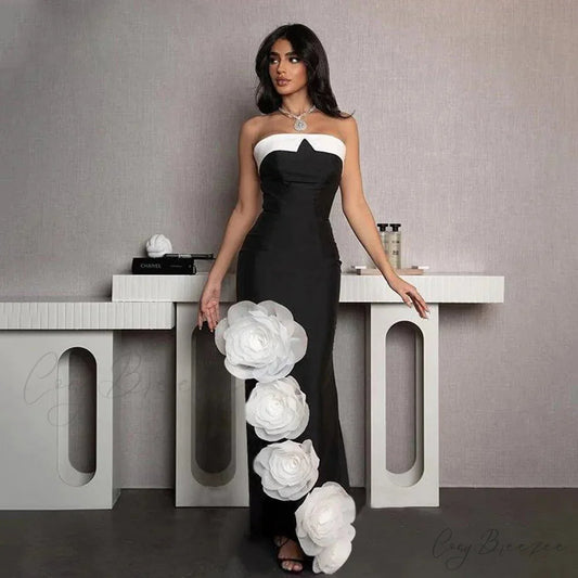 White Flowers Off-The-Shoulder Party Dress Black / S