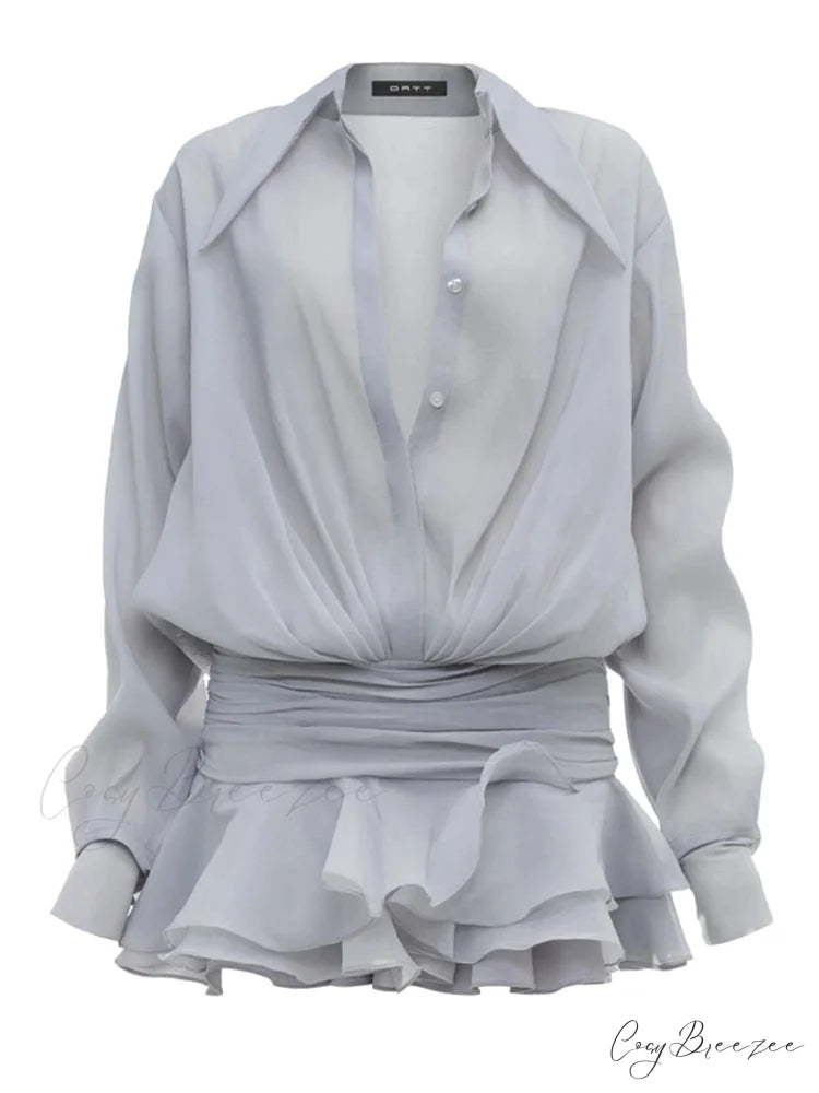 White Frilled Extended Sleeve Mini Gown GRAY / S minidress-250223