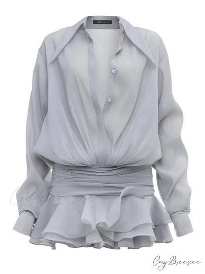 White Frilled Extended Sleeve Mini Gown GRAY / S minidress-250223